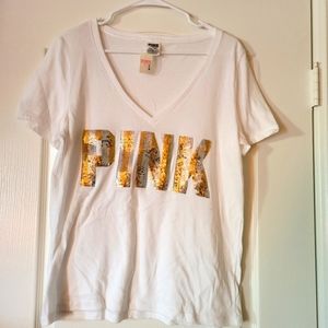 White  V neck sequin shirt from pink